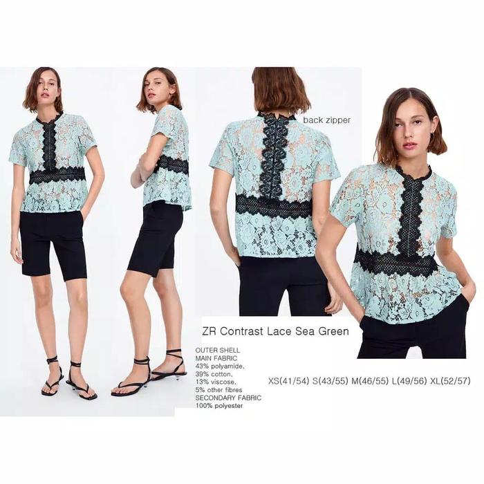 Original Zara Contrast Lace Sea Green Blouse - Atasan Branded Wanita