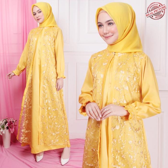Gamis pesta mewah juliet gold maxi brukat tile mutiara murah juba ktf