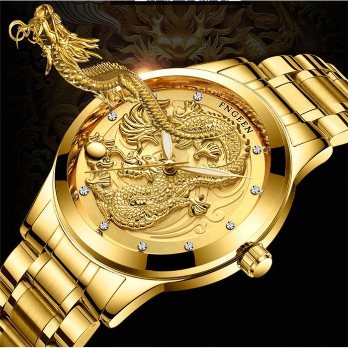 Pria FNGEEN Jam Tangan Quartz Anti Air Motif Ukiran Naga Warna Emas