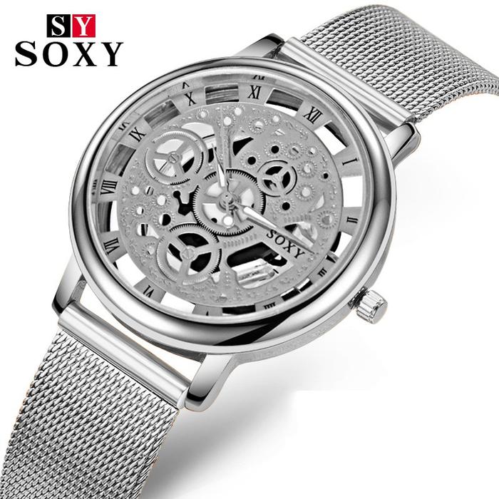 Desain Silver Jam Tangan Pria Soxy Fashion Skeleton Mewah Quartz