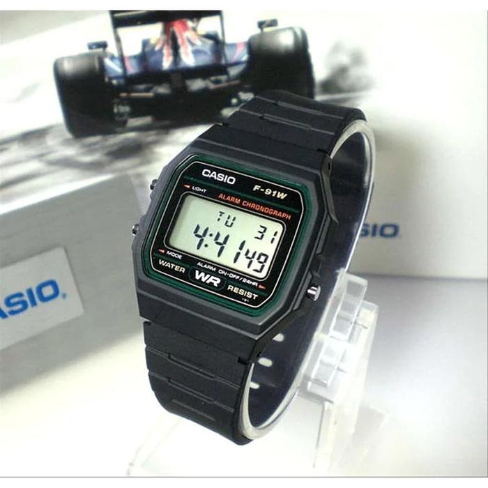 Casio Digital Jam Tangan Pria Strap Karet Hitam F-91W-3D Original