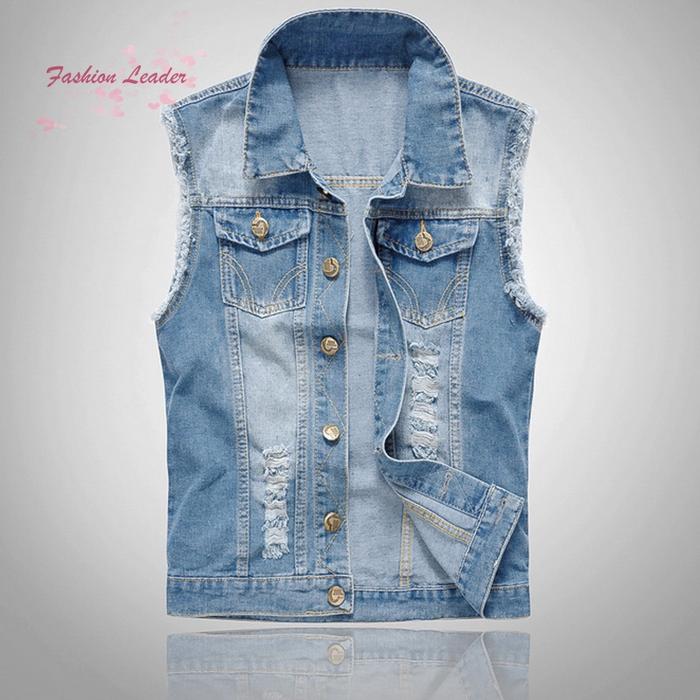 Pria FLJaket Rompi Denim Tanpa Lengan Motif Washed Sobek Ukuran Plus