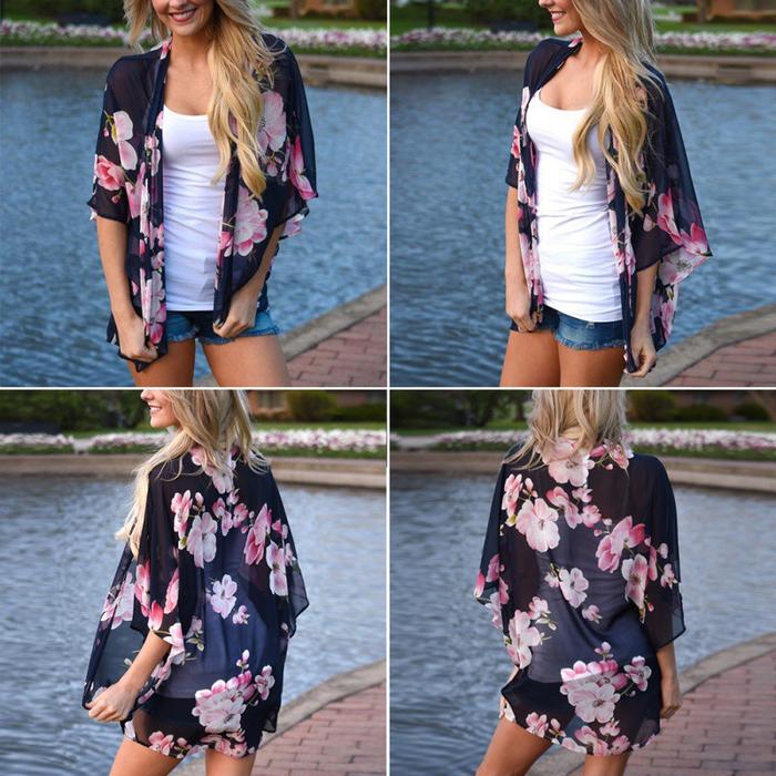 Cardigan Sifon Longgar Casual Motif Bunga untuk Pantai