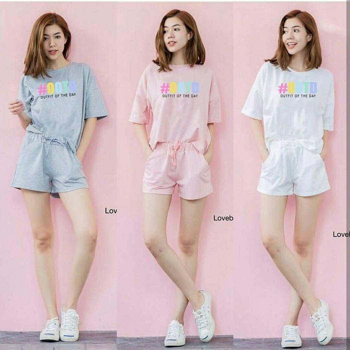 ec Stelan Set OOTD Putih Abu Pink babyterri atasan + celana