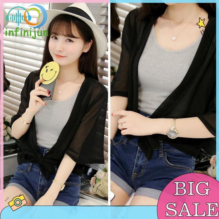 Cardigan Model Lengan Panjang Warna Polos Bahan Sifon Tipis untuk