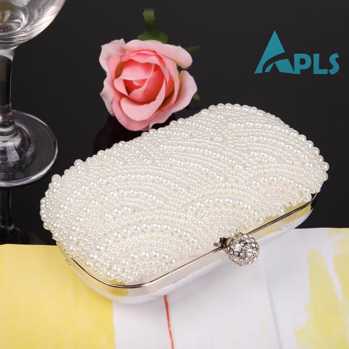Tas Clutch Wanita Aksen Manik-Manik Mutiara + Kristal Handmade untuk