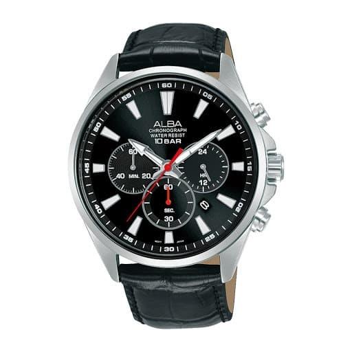 JAM TANGAN PRIA ALBA AT3G59X1 AT3G59 SILVER BLACK LEATHER ORIGINAL