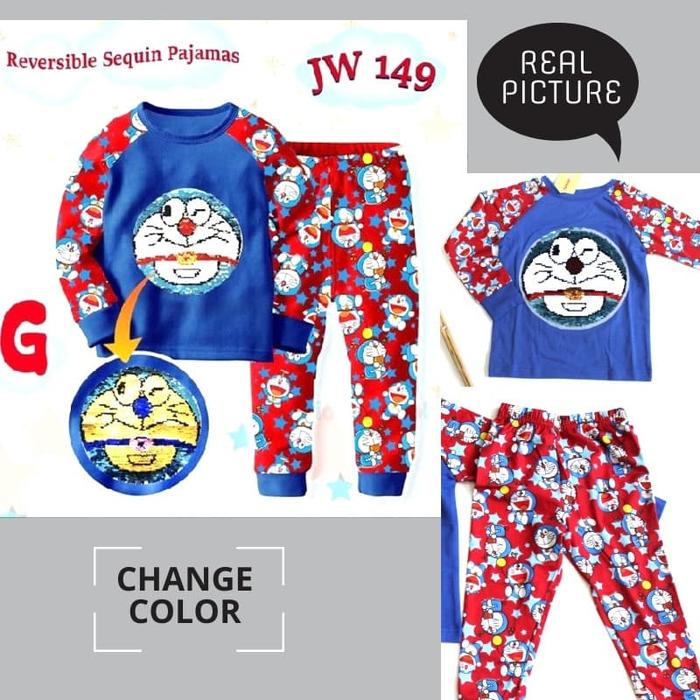 SET BAJU TIDUR ANAK PIYAMA ANAK JUNIOR WARDROBE JW 149 DORAEMON SEQUIN BOLAK BALIK