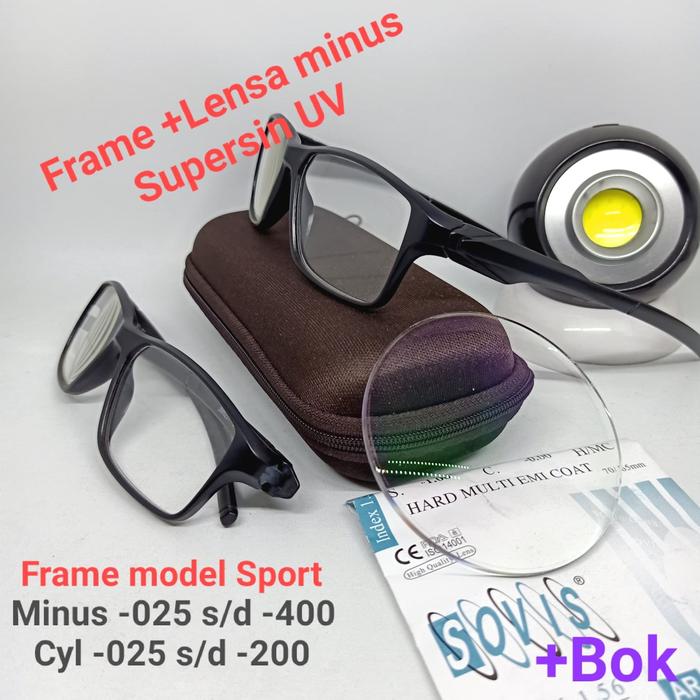 Kacamata Frame +Lensa Minus Supersin UV model batang Sport