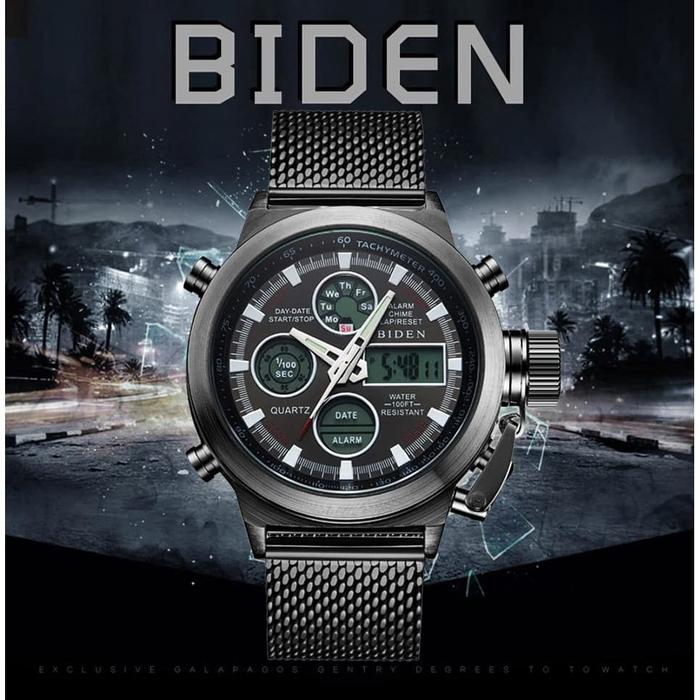 JAM TANGAN PRIA BIDEN DUAL TIME WATCH LED DIGITAL ANALOG IMPORT STEEL