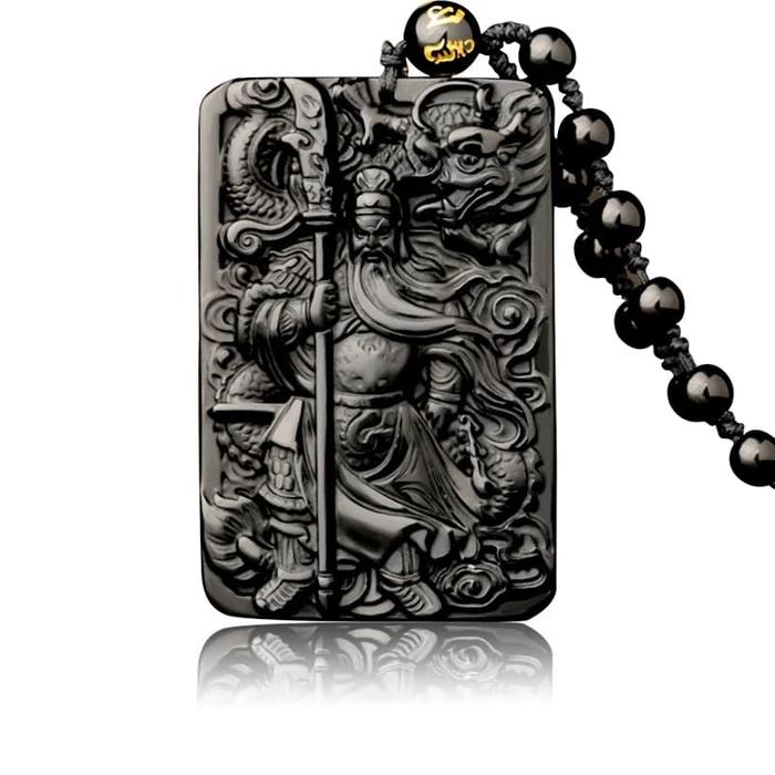 Liontin Naga Guan Gong Guan yu Obsidian Asli Gaya Cina