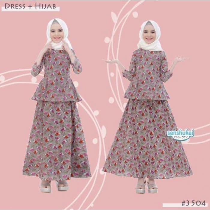 Setelan Baju Muslim Anak Perempuan 5 - 10 Tahun . Gamis Abu . SNES-35