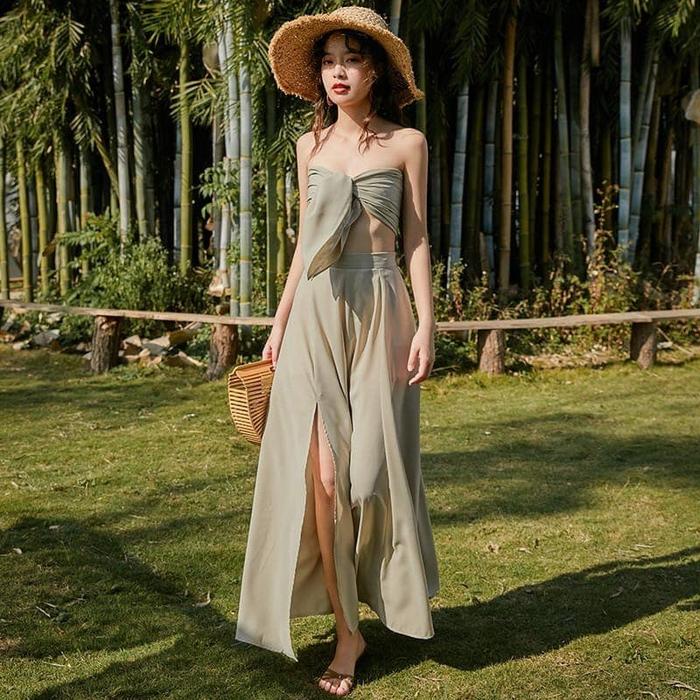 setelan tube crop top tie top + rok panjang wanita import beachwear