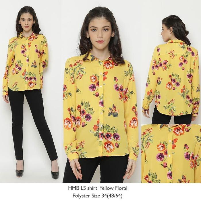 H&M Loose Floral Yellow Shirt - Kemeja Wanita Vintage Bunga