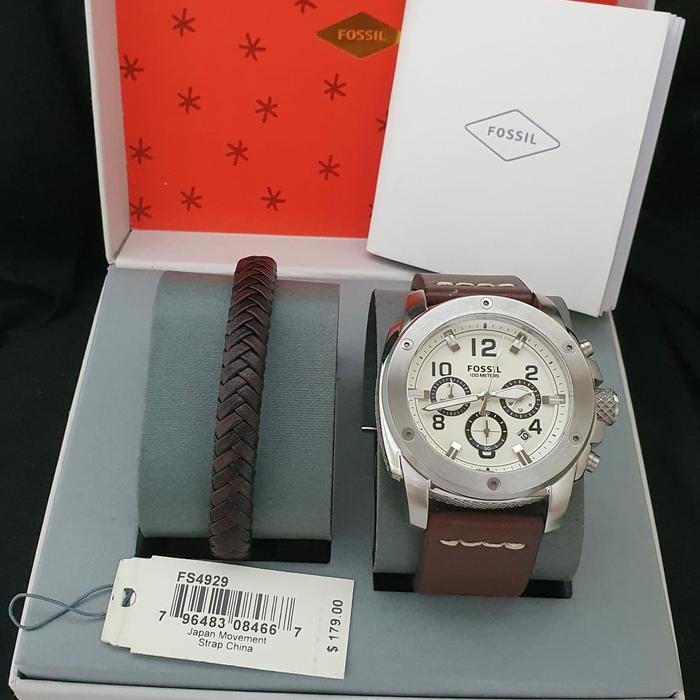 Jam Tangan Pria Fossil FS4929 FS 4929 Kulit Fullset Gelang Ori 4.4cm