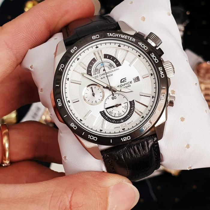 Jam Tangan Pria Casio EDIFICE EFR-520 WHITE SILVER COMBI Black Leather