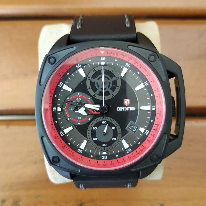 Jam Tangan Expedition E 6646 Hitam Stip merah Kulit