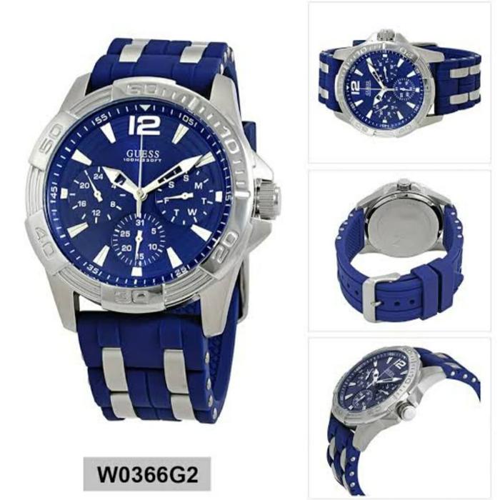 Jam Tangan Pria Merek Guess W0366G2 Rubber Blue Original 4.3cm