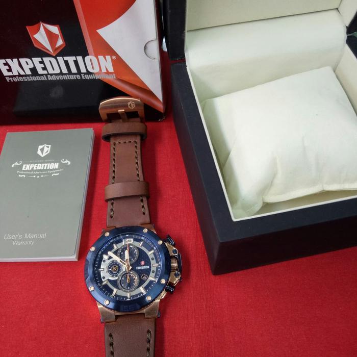 Jam Tangan Analog Pria Expedition E6751M Genuine Leather Brown Rosegol