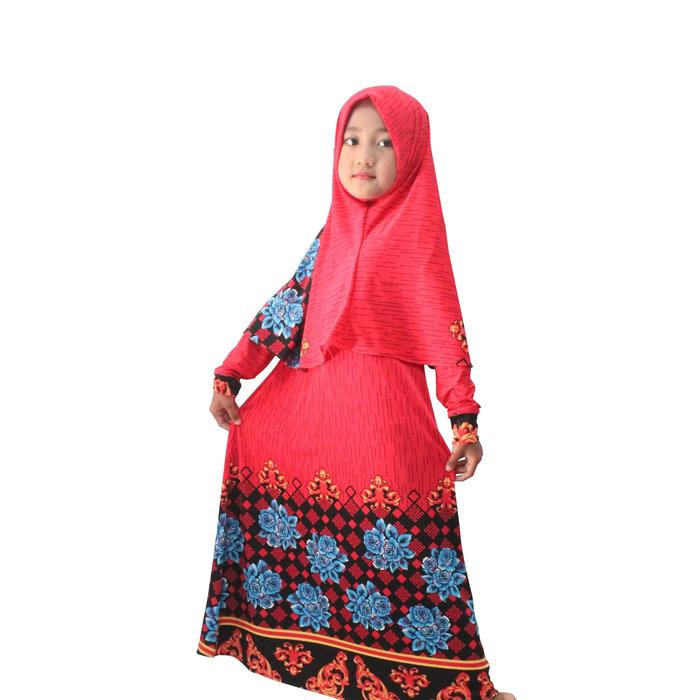 Gamis Anak Jersey Motif jilbab Merah Fanta 3-10 tahun bahan adem jatuh