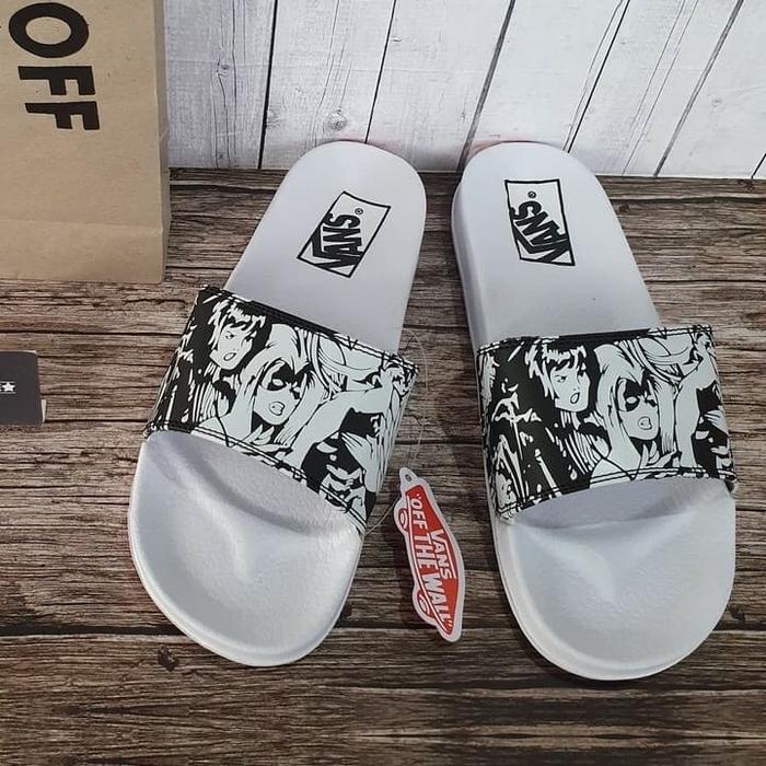 VANS SLIDES MARVEL BLACK WHITE ORIGINAL,SANDAL VANS MURAH