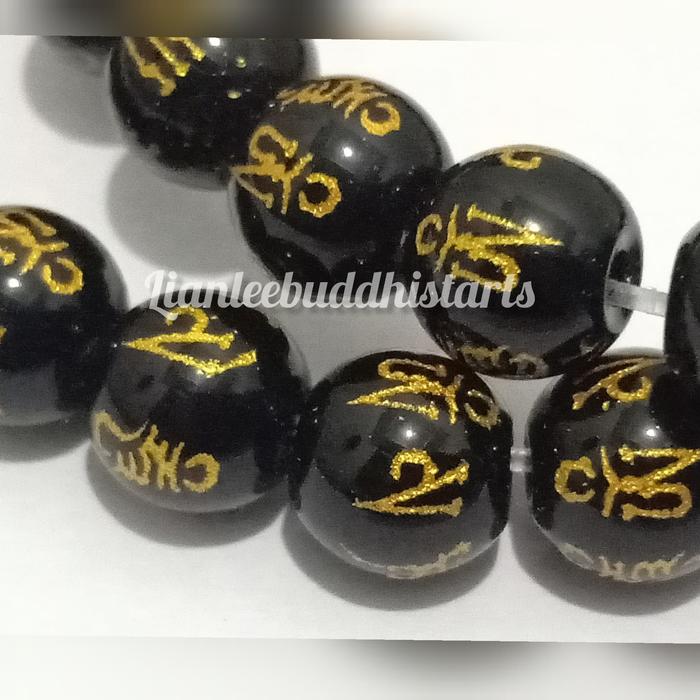 mote batu kristal aksara mantra warna hitam emas uk 8 mm isi 48 pcs