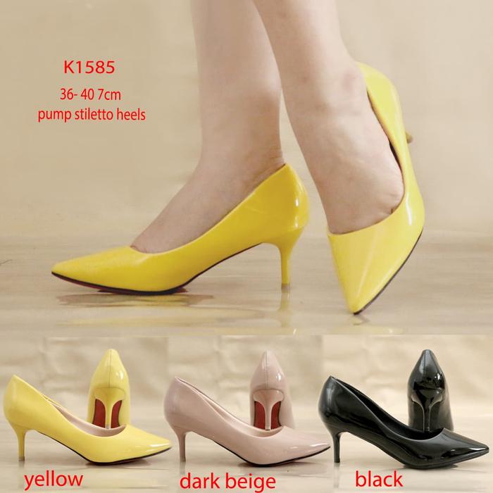 Glossy Pantofel Heels 7cm Beige Kuning Hitam Fashion Import KY1585