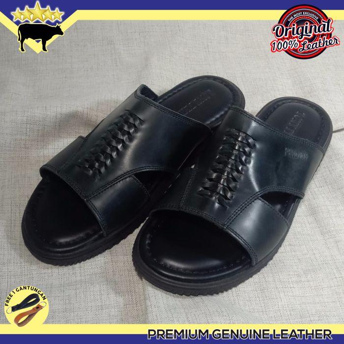 SANDAL BRANDED PRIA FULL KULIT SAPI ASLI WARNA HITAM KUALITAS EXPORT