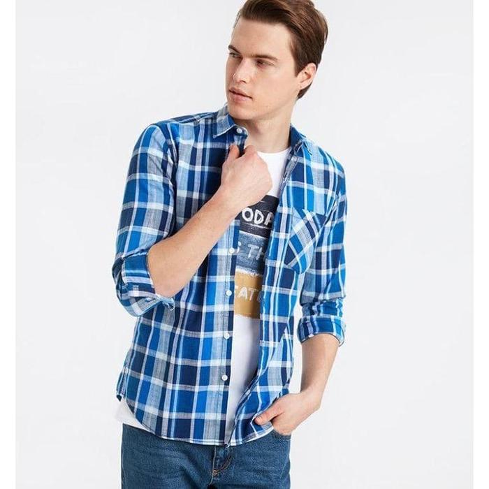 LC Waikiki Kemeja Pria Slim Fit Plaid Checked Sax - XL