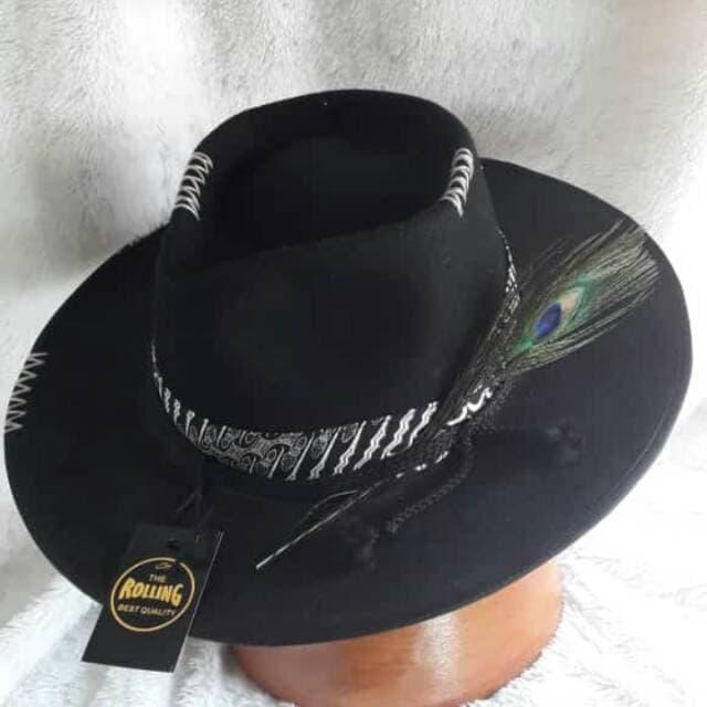 TOPI LAKEN FEDORA BULU MERAK KULIT SAPI
