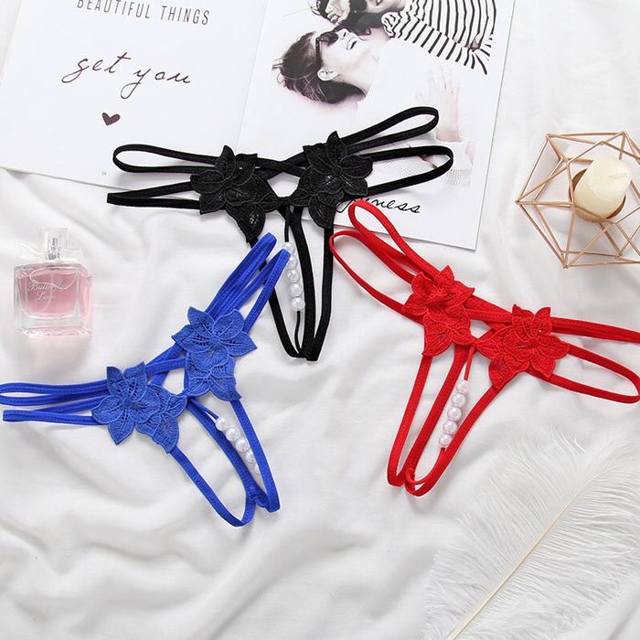Celana Dalam Seksi Wanita Open Tali mutiara bordir kupu-kupu G String