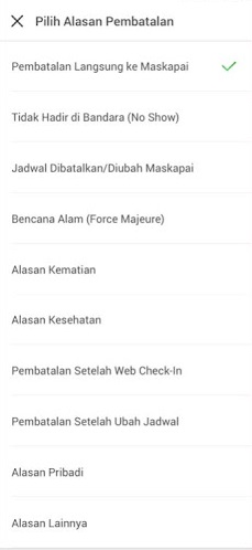Input alasan pembatalan tiket pesawat Tokopedia