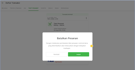 Membatalkan penerbangan diterima di Tokopedia