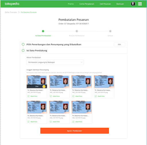 Pilih alasan pembatalan penerbangan di Tokopedia