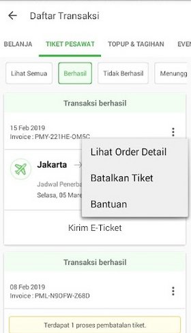 Batalkan tiket dengan klik Lihat Order Detail pada daftar transaksi Tokopedia