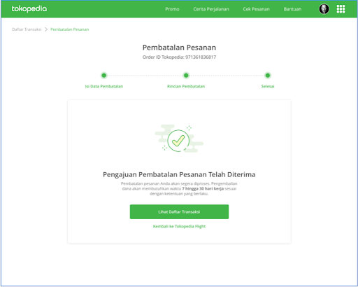Pembatalan penerbangan di Tokopedia berhasil dilakukan