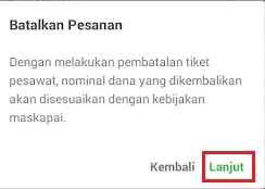 Pop Up konfirmasi Batalkan Pesanan tiket pesawat Tokopedia
