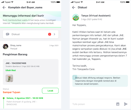 Tunggu informasi dari kurir di Tokopedia