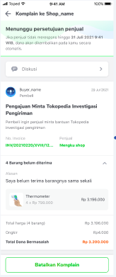 Halaman investigasi pengiriman di Tokopedia
