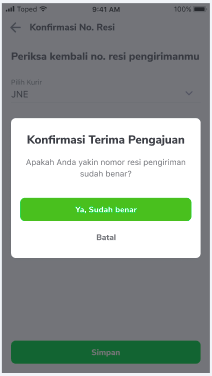 Pop up konfirmasi terima pengajuan di Tokopedia
