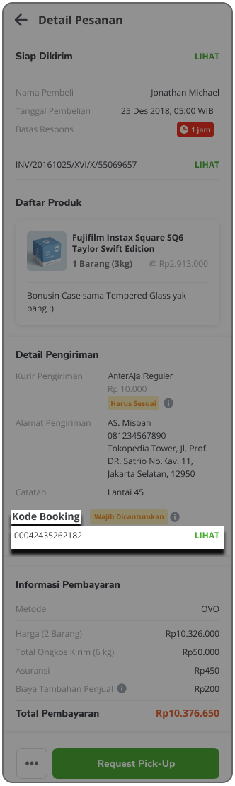 kode booking di halaman Detail Pesanan Tokopedia