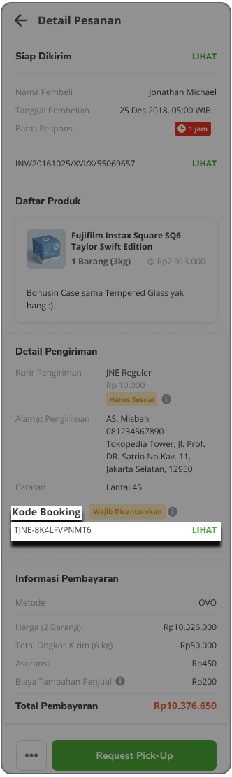 Tampilan cek kode JNE online booking di halaman Detail Pesanan Tokopedia