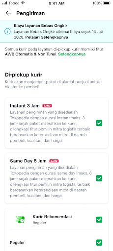 halaman pengaturan pengiriman per produk