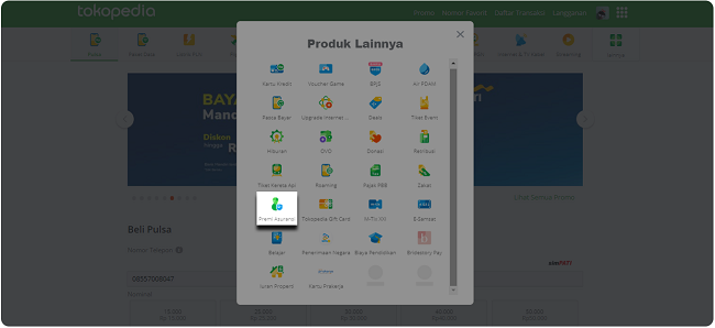 cara melakukan pembayaran Premi Asuransi di Tokopedia
