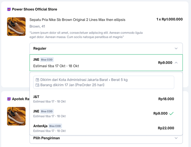 halaman pengiriman Tokopedia